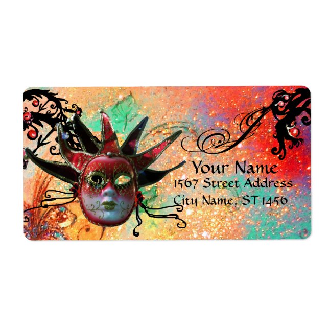 BLACK AND RED JESTER MASK , Masquerade Party green Label (Front)