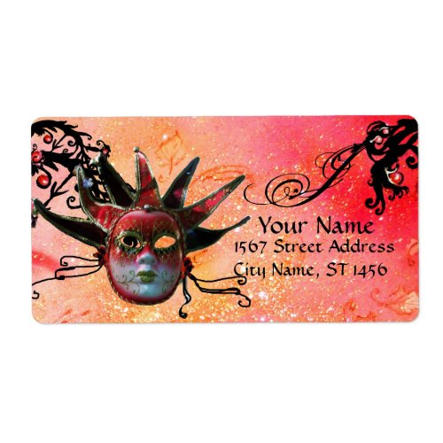 BLACK AND RED JESTER MASK  Masquerade Party Label