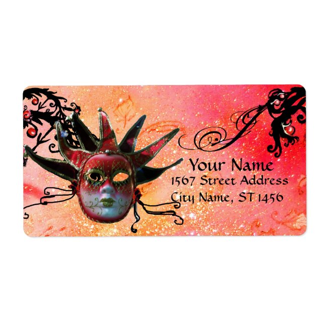 BLACK AND RED JESTER MASK , Masquerade Party Label (Front)