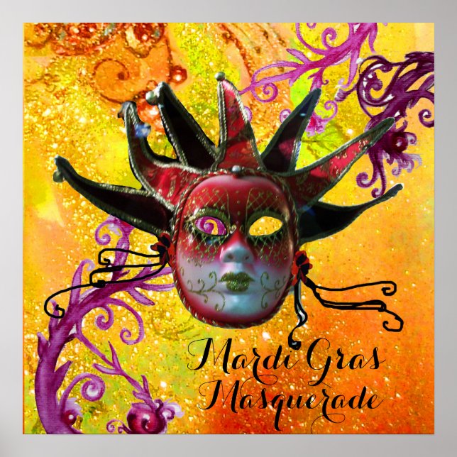 BLACK AND RED JESTER MASK , Masquerade Party Poster (Front)