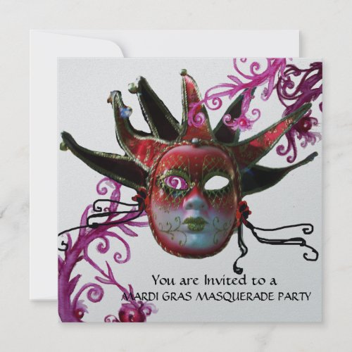 BLACK AND RED JESTER MASK Masquerade Party Silver Invitation
