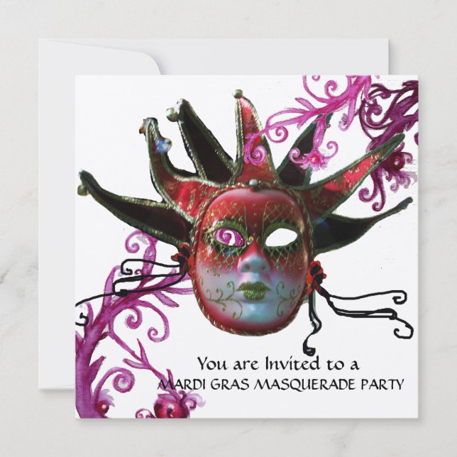 BLACK AND RED JESTER MASK ,Masquerade Party Silver Invitation (Front)