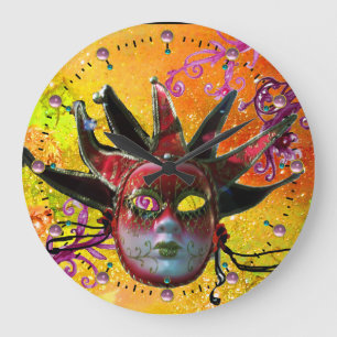 BLACK AND RED JESTER MASK  Masquerade Party Yellow Large Clock