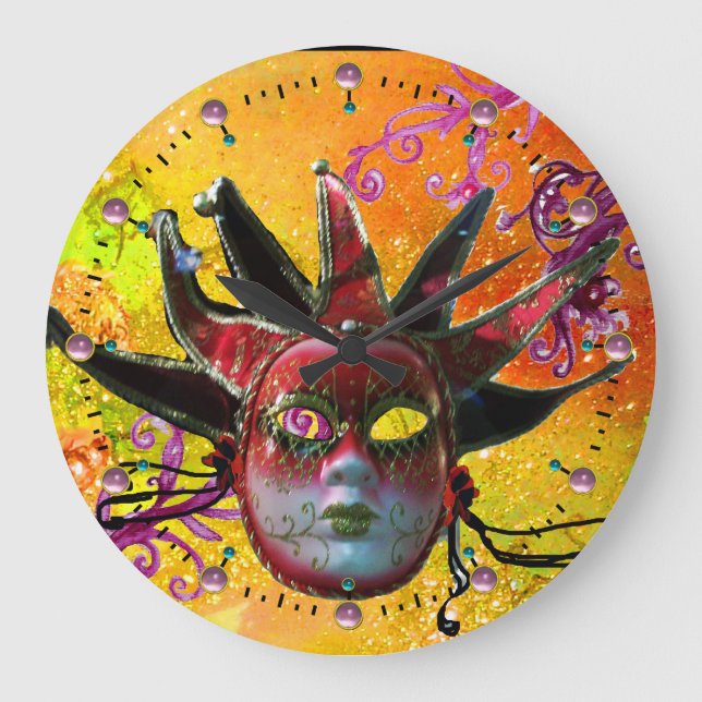 BLACK AND RED JESTER MASK  Masquerade Party Yellow Large Clock (Front)