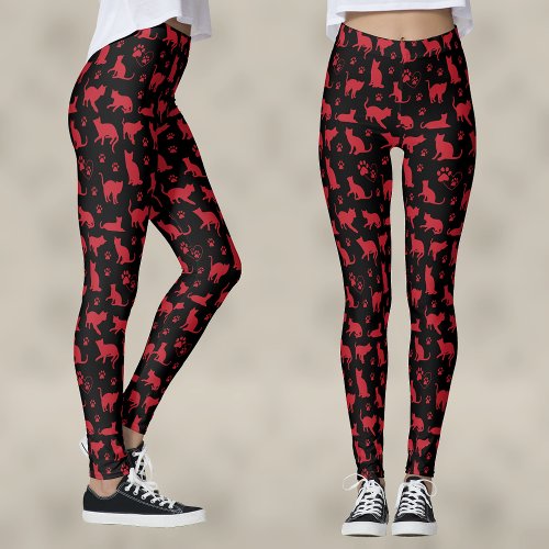 Black and Red Kitten Print with Cat Paws Leggings