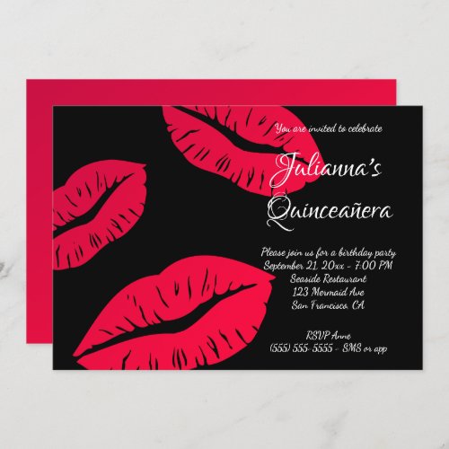 Black and Red Lips Quinceaera Birthday Invitation