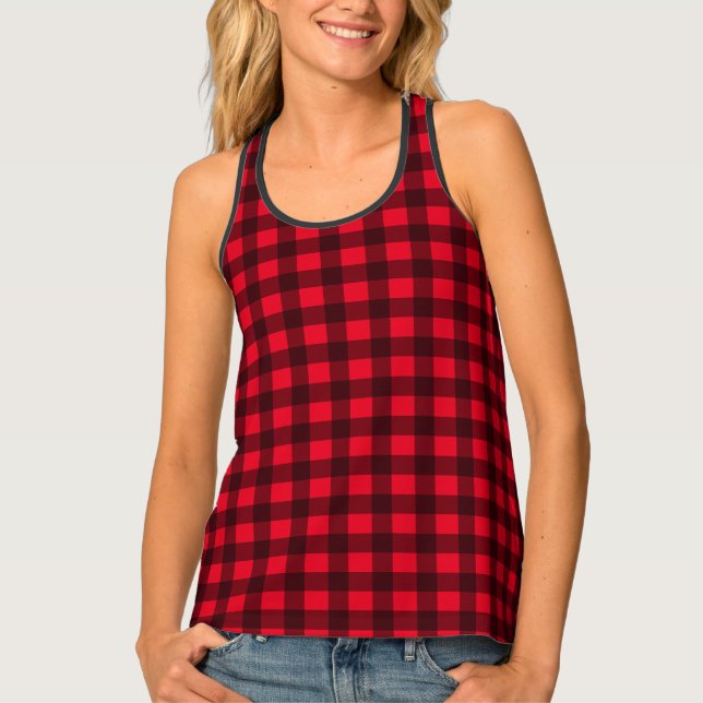 Black and red lumberjack buffalo plaid pattern tank top (Front)