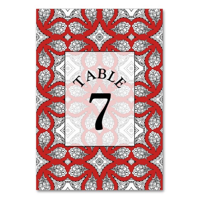 Black and Red Mandala Wedding Table Number Card (Front)