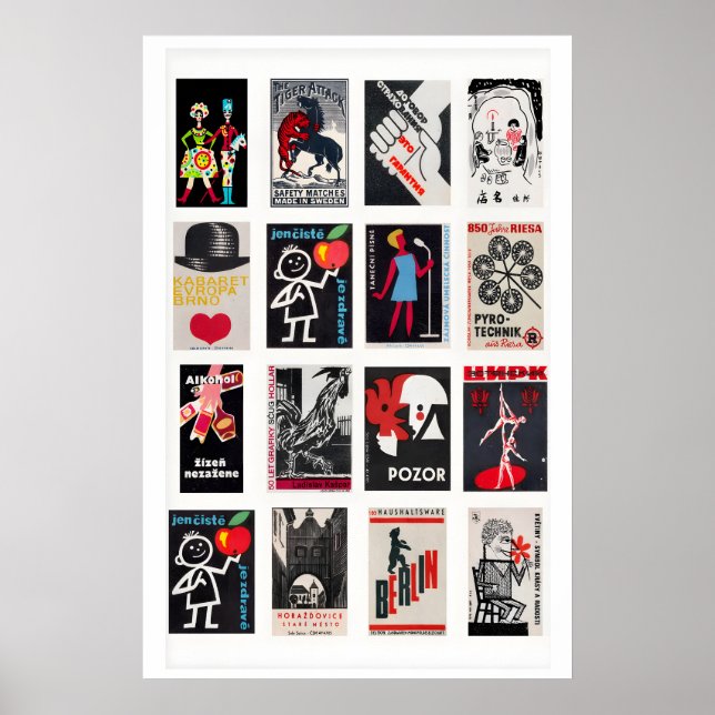 Black and Red Matchbox Label Collage, vintage Poster (Front)