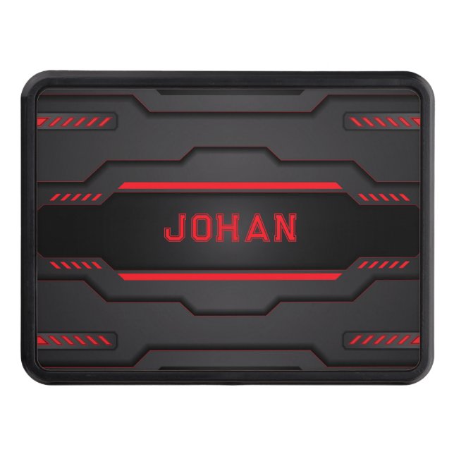 Black and red metallic geometric design hitch cover (Front)