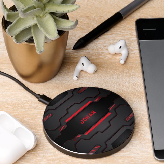 Black and red metallic geometric design wireless charger  (Desk 2)