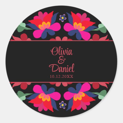 Black and Red Mexican Floral Fiesta Wedding  Classic Round Sticker