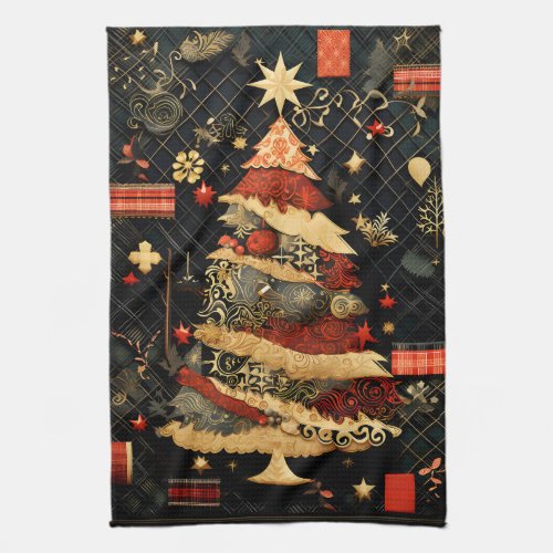 Black and Red Modern Abstract Christmas Tree Kitchen Towel