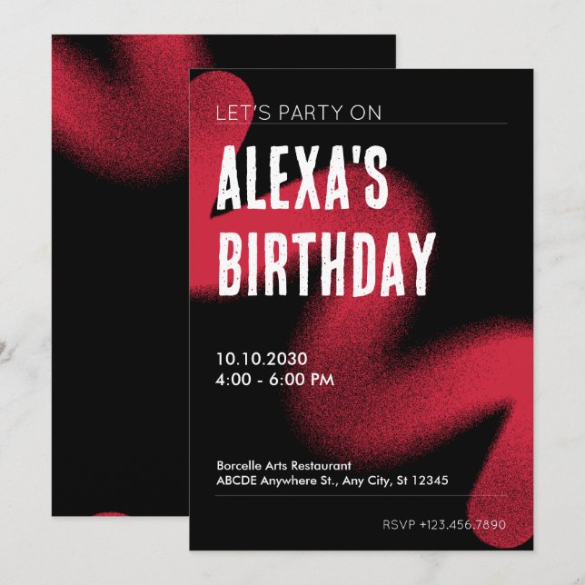 Black and Red Modern Grunge Modern Art Birthday Invitation (Front/Back)