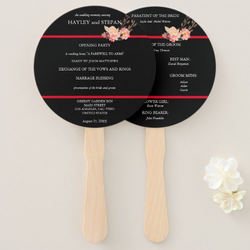 Black And Red Modern White Script Wedding Program Hand Fan