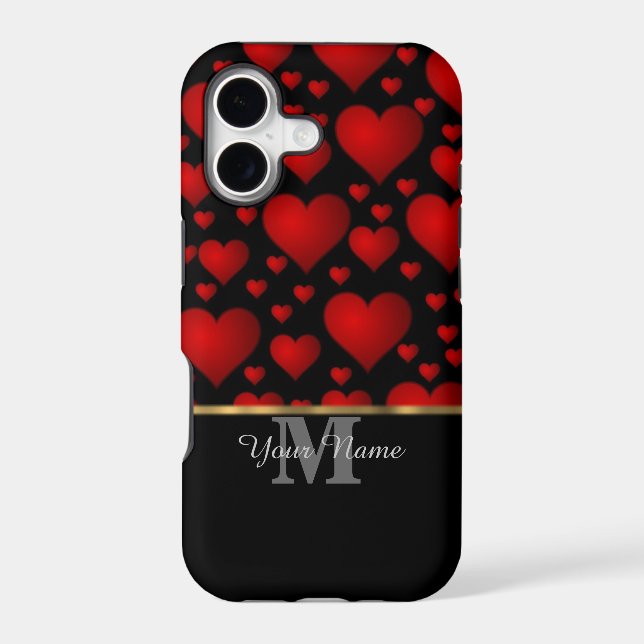 Black and red monogram love heart pattern iphone case (Back)