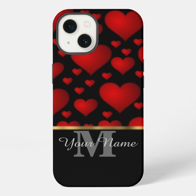 Black and red monogram love heart pattern iphone case (Back)