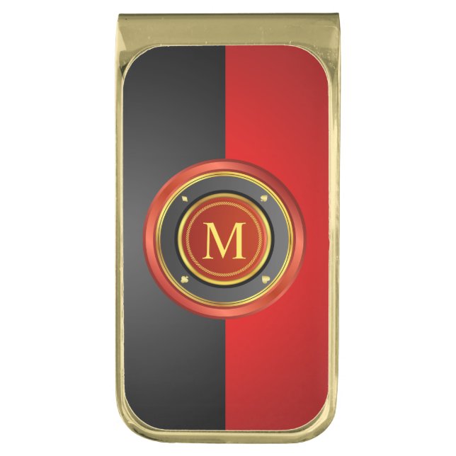 Black and Red Monogram Poker Chip Gold Finish Money Clip (Front Vertical)