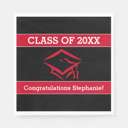 Black and Red Mortarboard Graduation Party Paper Napkins