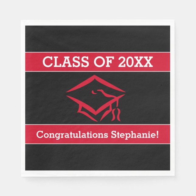 Black and Red Mortarboard Graduation Party Paper Napkins (Front)