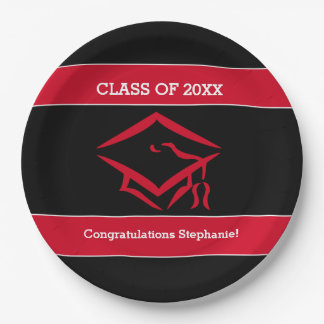Black and Red Mortarboard Graduation Party Paper Plates