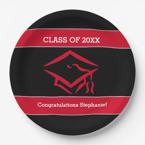 Black and Red Mortarboard Graduation Party Paper Plates