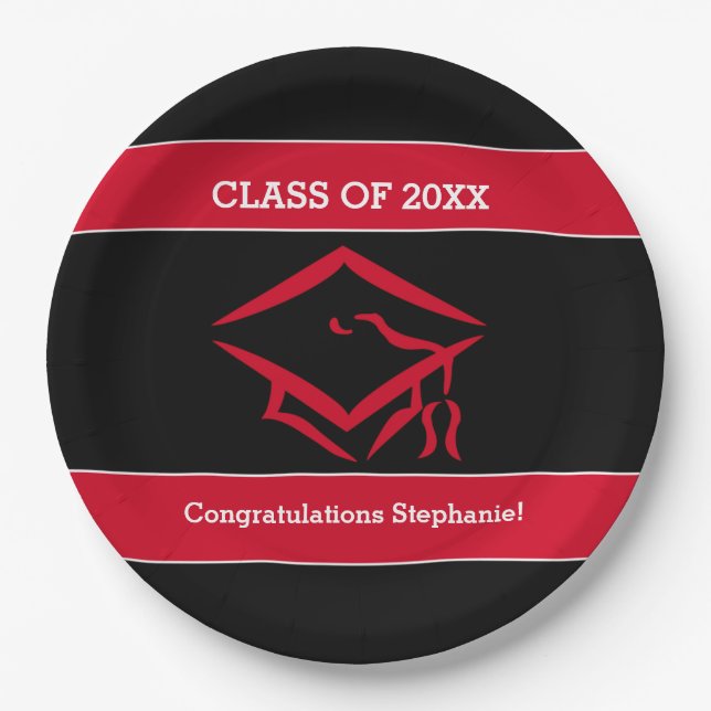 Black and Red Mortarboard Graduation Party Paper Plates (Front)
