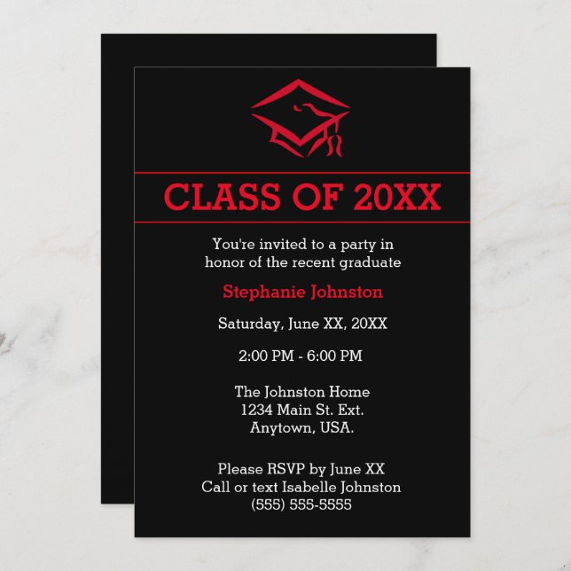 Black and Red Mortarboard Simple Graduation Party Invitation (Front/Back)