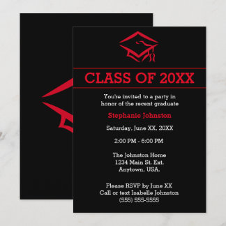 Black and Red Mortarboard Simple Graduation Party Invitation
