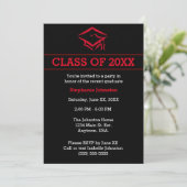 Black and Red Mortarboard Simple Graduation Party Invitation (Standing Front)