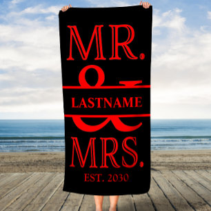 Black and Red Mr. Mrs. Personalized Beach Towel