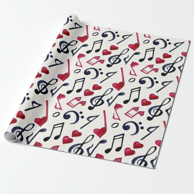 Black And Red Musical Notes On White Wrapping Paper (Unrolled)