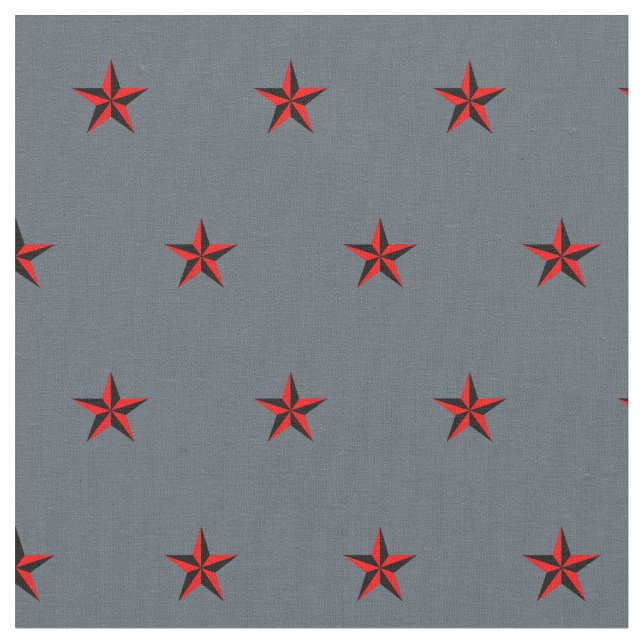 Black and Red Nautical Star Pattern on Slate Gray Fabric (Close Up)