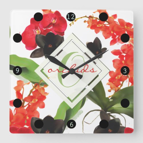 Black and Red Orchids Art Watercolor Monogram Square Wall Clock