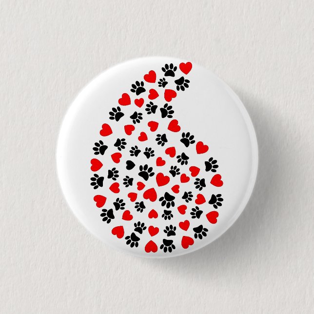 Black And Red Paw Print And Hearts Paisley Print Button (Front)