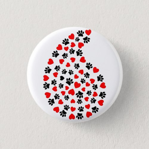 Black And Red Paw Print And Hearts Paisley Print Button