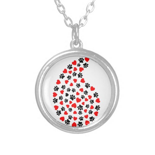 Black And Red Paw Print And Hearts Paisley Print Silver Plated Necklace