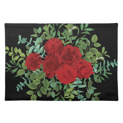 Black and Red Peony Rose Floral Wedding Cloth Placemat