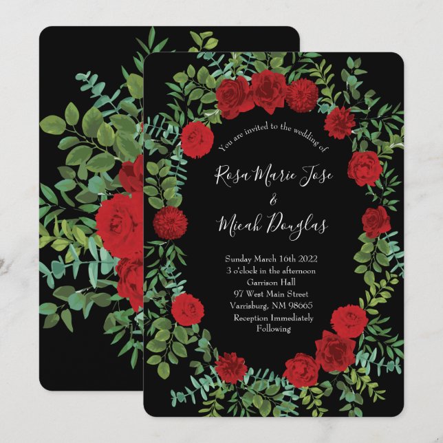 Black and Red Peony Rose Floral Wedding Invitation (Front/Back)