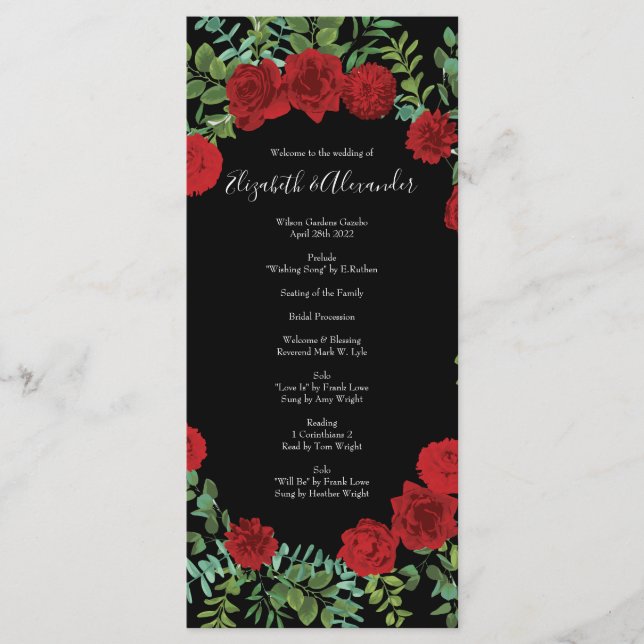 Black and Red Peony Rose Floral Wedding Menu (Front)