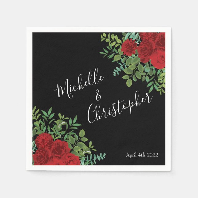 Black and Red Peony Rose Floral Wedding Napkins (Front)