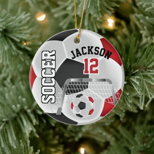 Black and Red Personalize Soccer Ball Ceramic Ornament
