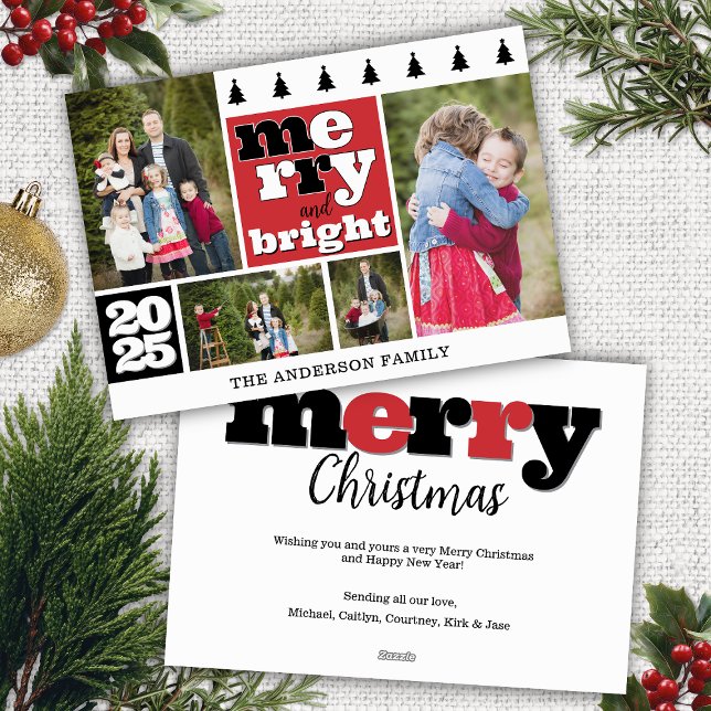 Black and Red Photo Collage Merry and Bright Holiday Card (red black and white merry and bright christmas card with 4 photo collage family name year message)