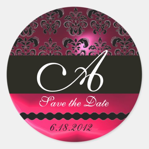 BLACK AND RED PINK FUCHSIA  RUBY DAMASK MONOGRAM CLASSIC ROUND STICKER