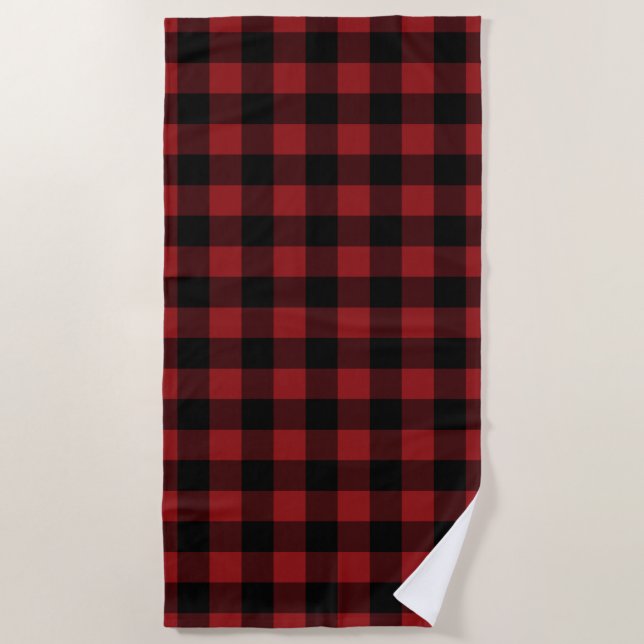 Black and Red Plaid Check Buffalo Beach Towel (Front)