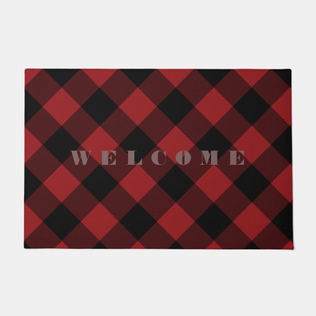 Black and Red Plaid Check Doormat - Welcome (Front)