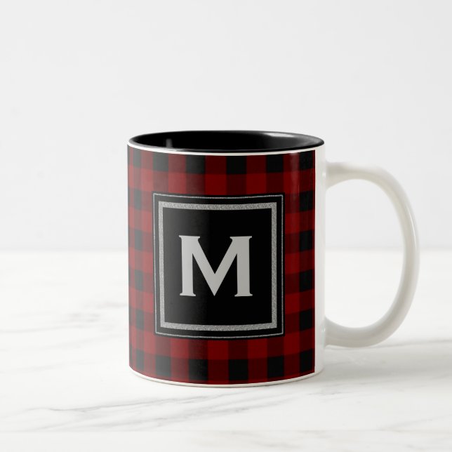 Black and Red Plaid Monogram Two-Tone Coffee Mug (Right)