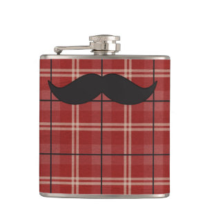 Black and Red Plaid Mustache Hip Flask