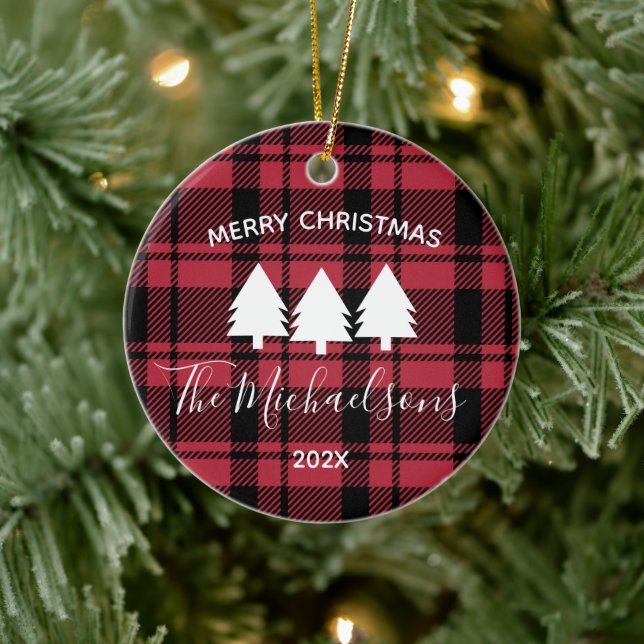 Black and Red Plaid with Monogram Name Photo   Ceramic Ornament (Tree)