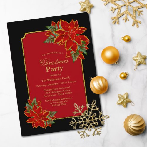 Black and Red Poinsettia Christmas Party Invitation